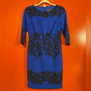 Blue Black Lace Print Dress Sz 4P